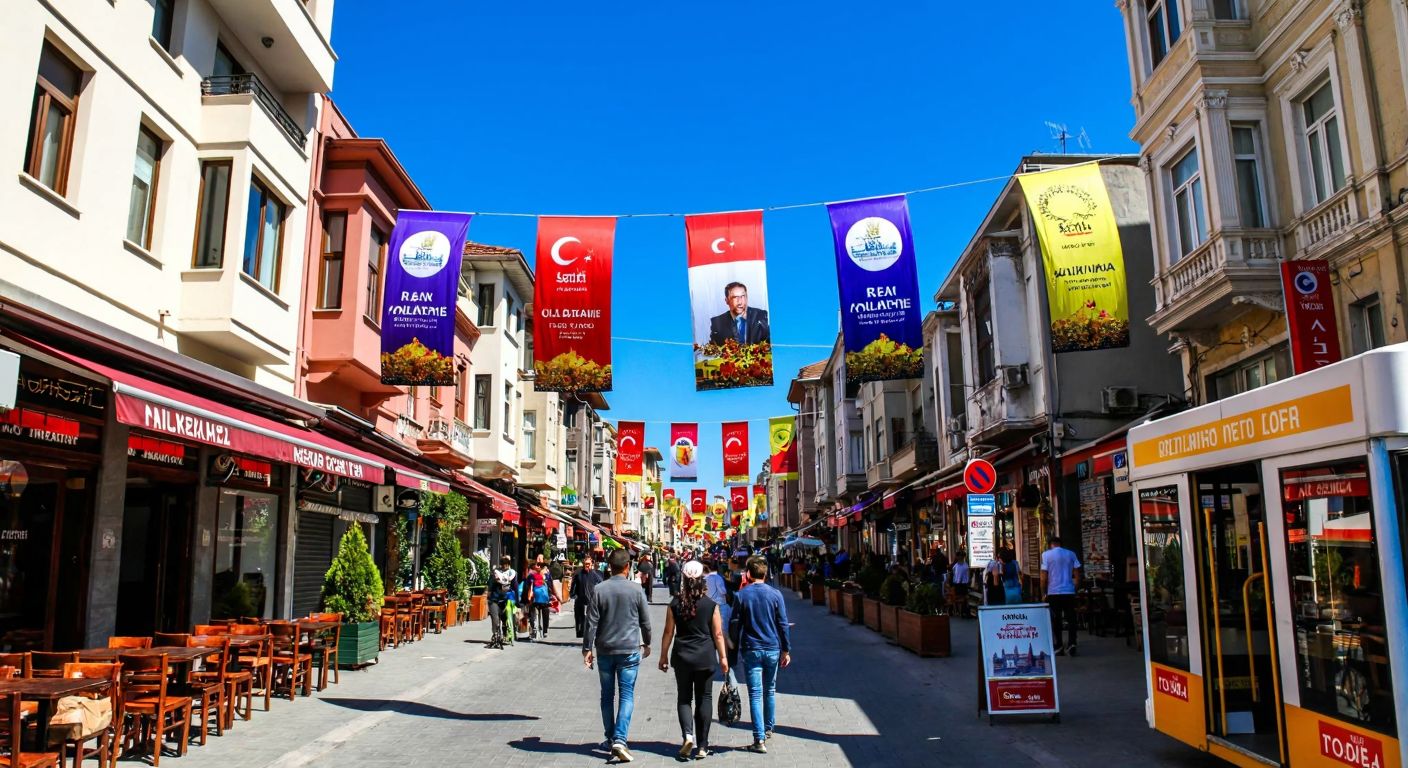 A bustling Turkish street lined with colorful advertising flags fluttering above storefronts, outdoor cafes, and bus stops, with pedestrians walking beneath them under a bright blue sky.