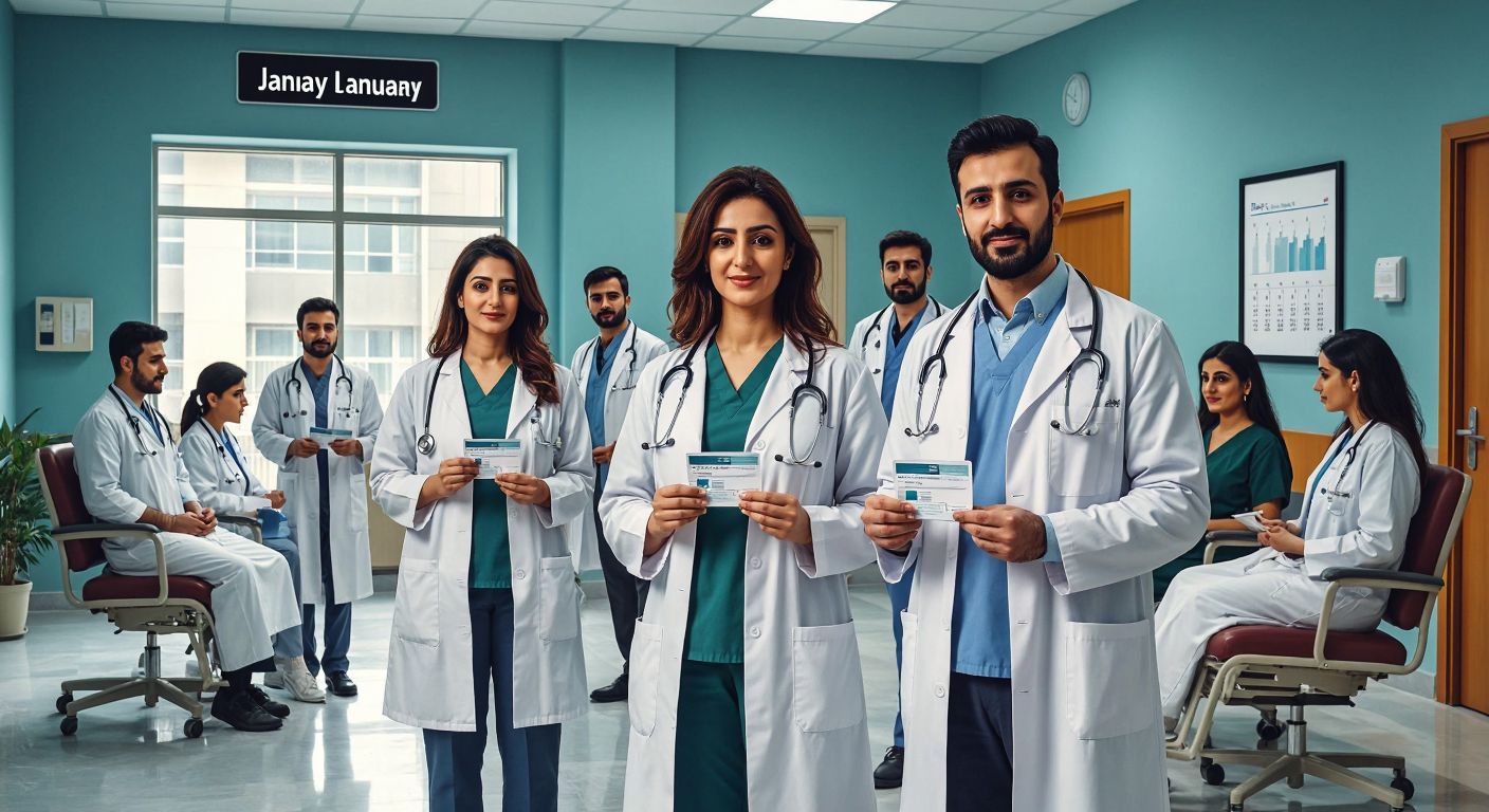 A modern hospital in Azerbaijan with doctors in white coats and patients holding insurance cards, set against a backdrop of a calendar page showing January 2020.