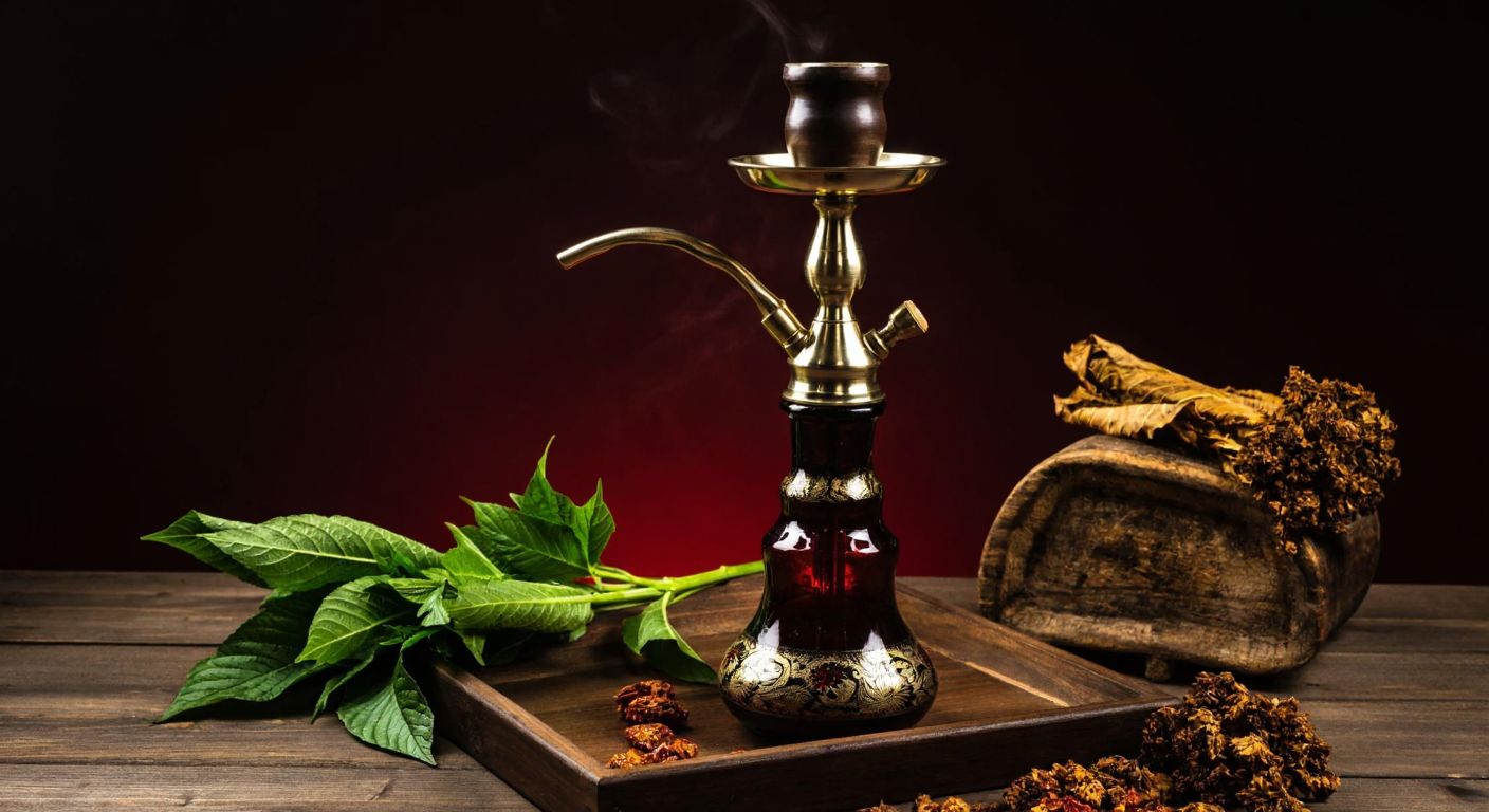 A richly decorated Turkish nargile with glowing embers sits on a low wooden table, surrounded by fresh tobacco leaves and aromatic herbs, evoking a sense of relaxation and tradition.