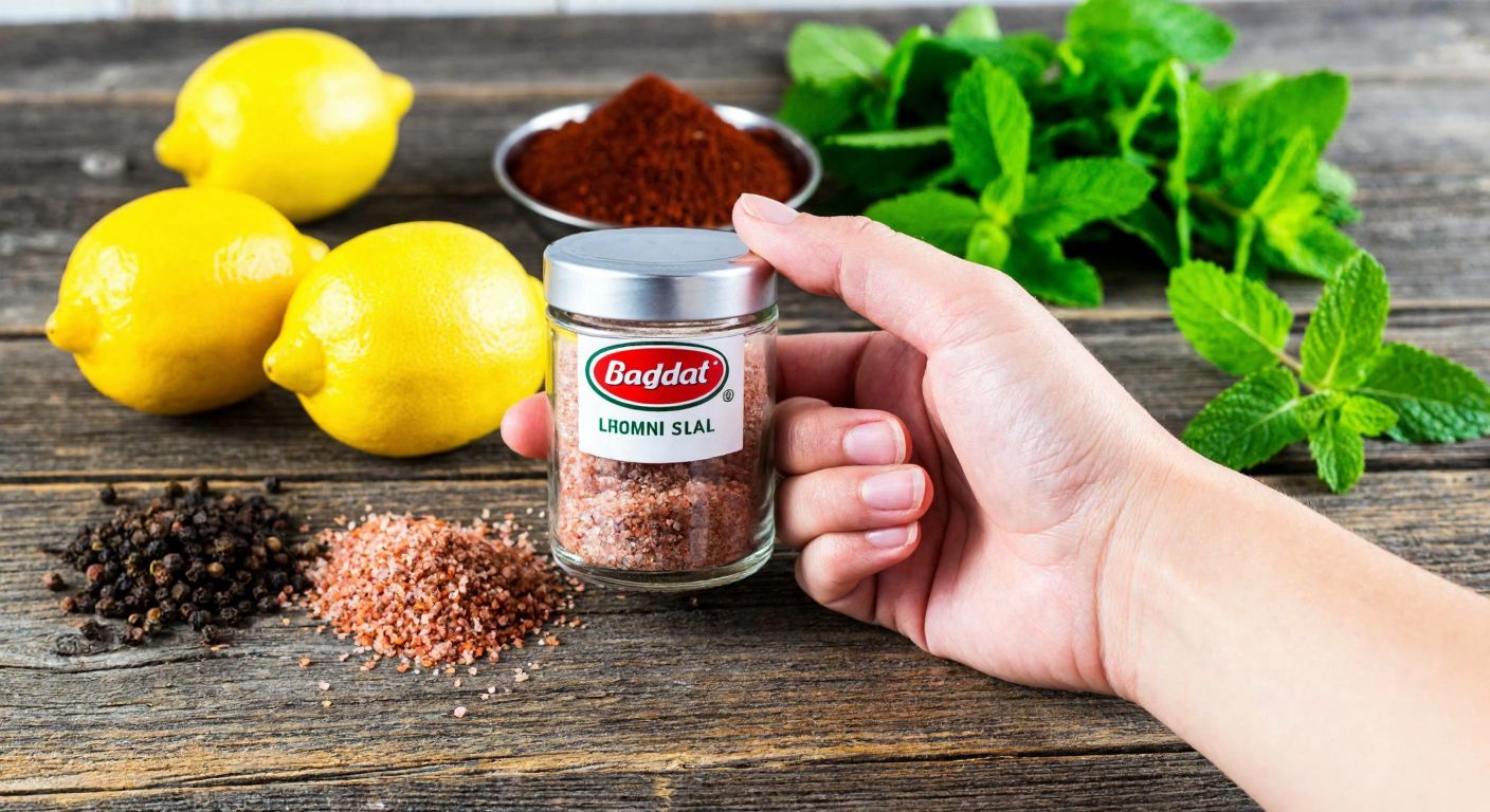 A hand holding a small glass jar of **Bağdat Baharat Limon Tuzu** with fresh lemons and aromatic spices like sumac and dried mint scattered on a rustic wooden table in a Turkish kitchen.