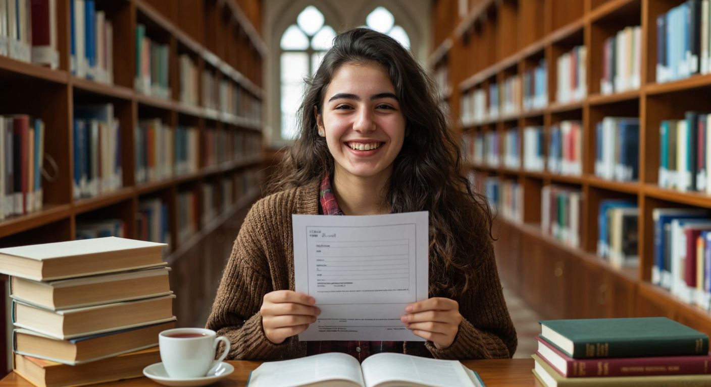 A relieved Turkish student in a university library smiles while holding a test paper with a passing grade, surrounded by stacks of books and a warm cup of çay.