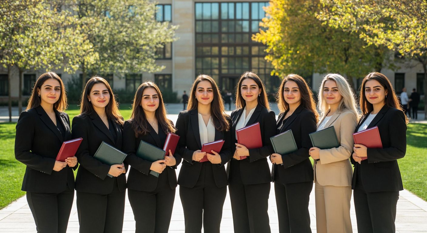 A diverse group of confident Turkish women in professional attire stand together in a sunlit university courtyard, holding books and diplomas, symbolizing empowerment and education.