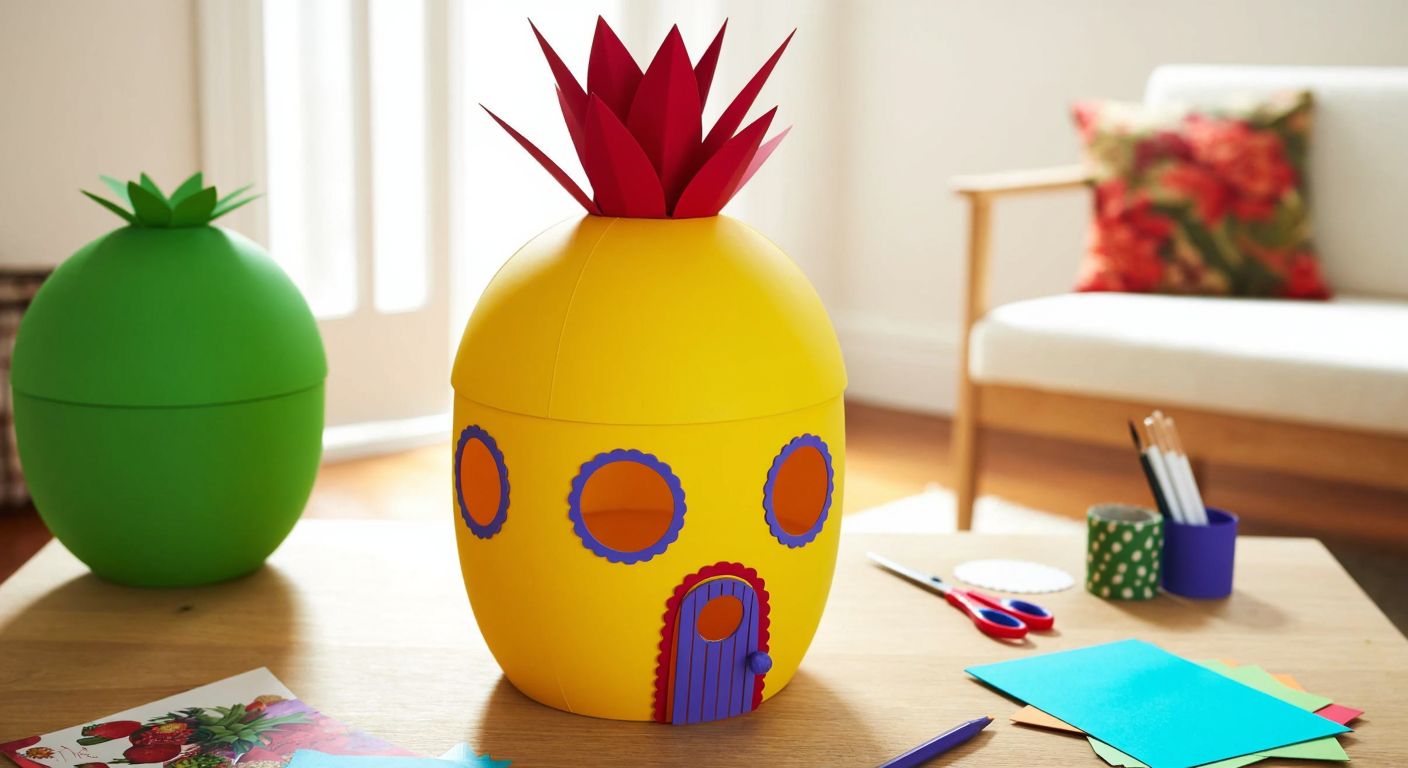 A bright yellow pineapple-shaped house with a red roof and round windows, surrounded by colorful paper cutouts and crafting tools on a wooden table in a sunlit Turkish living room.