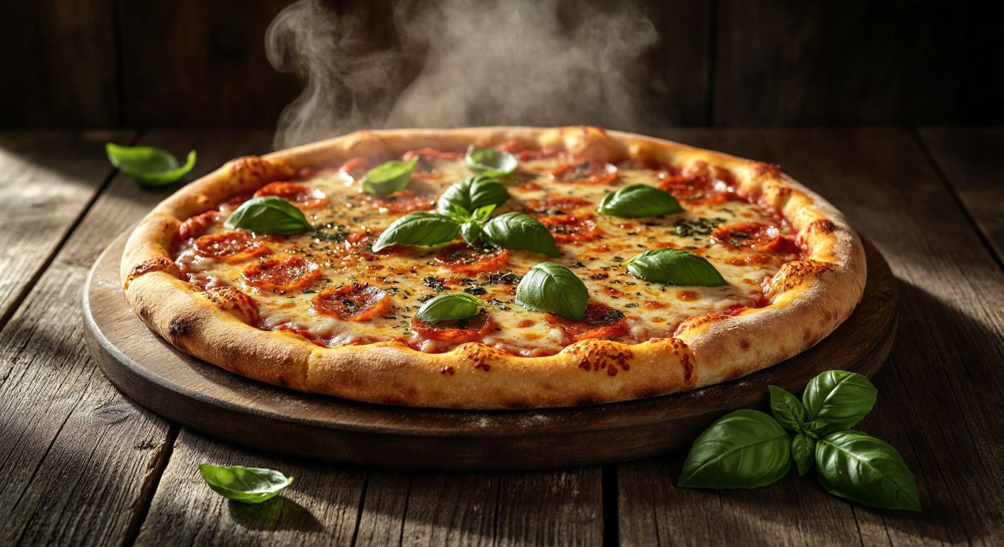 A golden, steaming pizza with melted cheese and fresh toppings, placed on a rustic wooden table under soft natural light, garnished with basil leaves, shot from a slightly angled perspective to highlight its texture and depth.