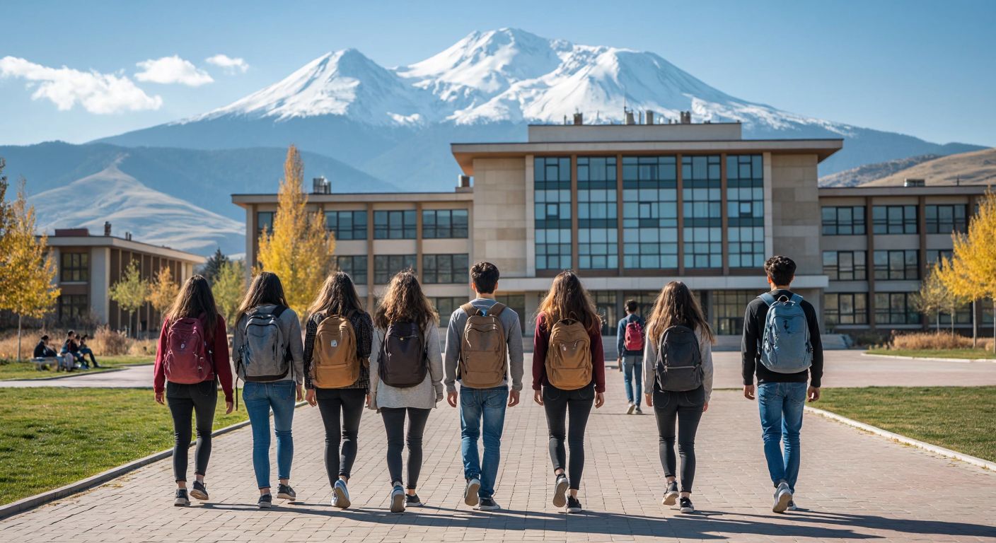 A group of young students with backpacks walking confidently toward a modern university building under the sunny sky, with the silhouette of Mount Erciyes in the background.