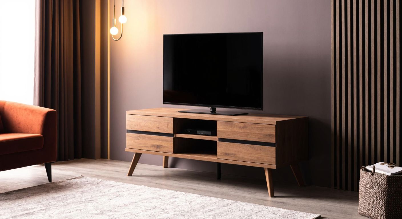 A sleek, three-legged wooden TV stand in a cozy Turkish living room with a modern TV on top, surrounded by minimalist decor and warm lighting.