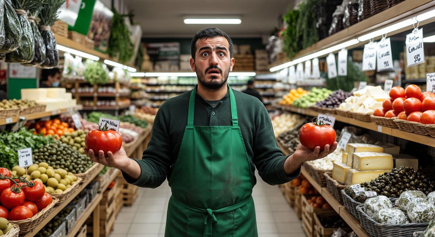A Turkish farmer in a green apron stands confused in a bustling Tarım Kredi Market, holding two identical tomatoes with mismatched price tags while shelves display fresh local produce like olives and cheeses.