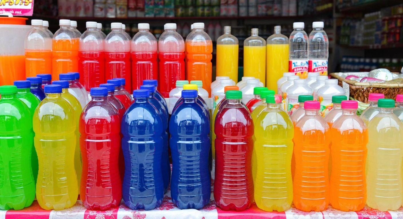 A vibrant array of colorful 2-liter plastic bottles filled with fruit juice, cosmetics, and water, neatly arranged on a market stall in Turkey, with a vendor smiling as customers browse.