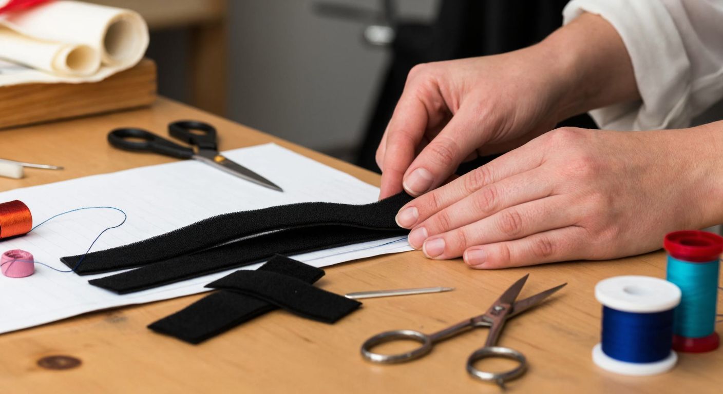 A pair of hands carefully sewing a strip of Velcro onto a piece of fabric with a needle and thread, surrounded by scissors, spare Velcro strips, and a spool of thread on a wooden table in a well-lit Turkish craft workshop.