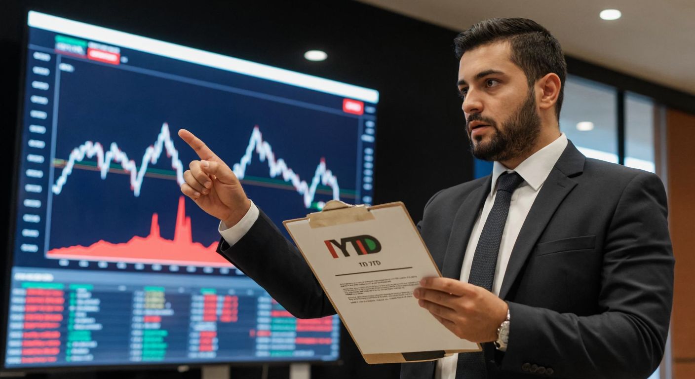 A serious Turkish businessman in a suit points at a stock market chart on a large screen while holding a document labeled "YTD" and shaking his head to indicate caution.