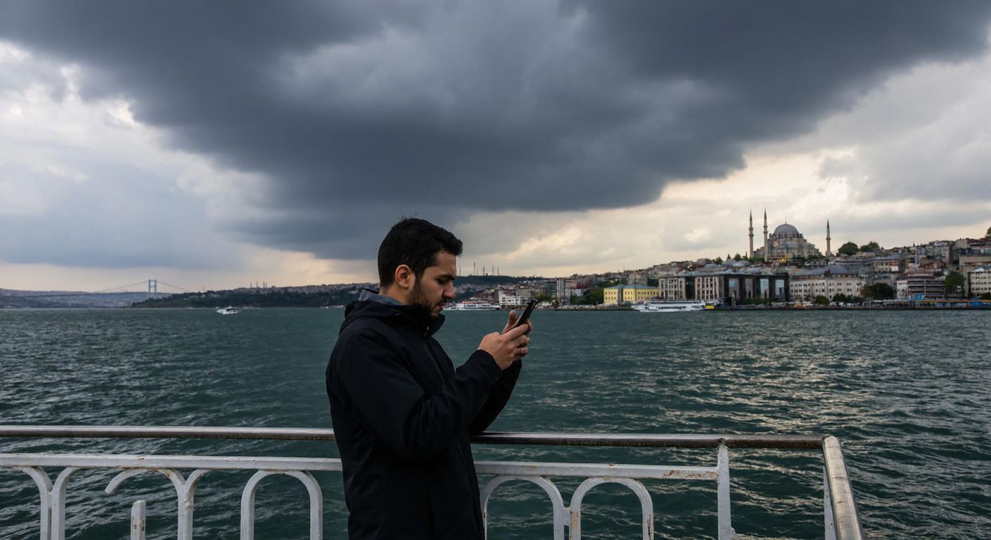 A person in Istanbul checks the weather on their phone while standing near the Bosphorus, with dark clouds gathering over the cityscape.