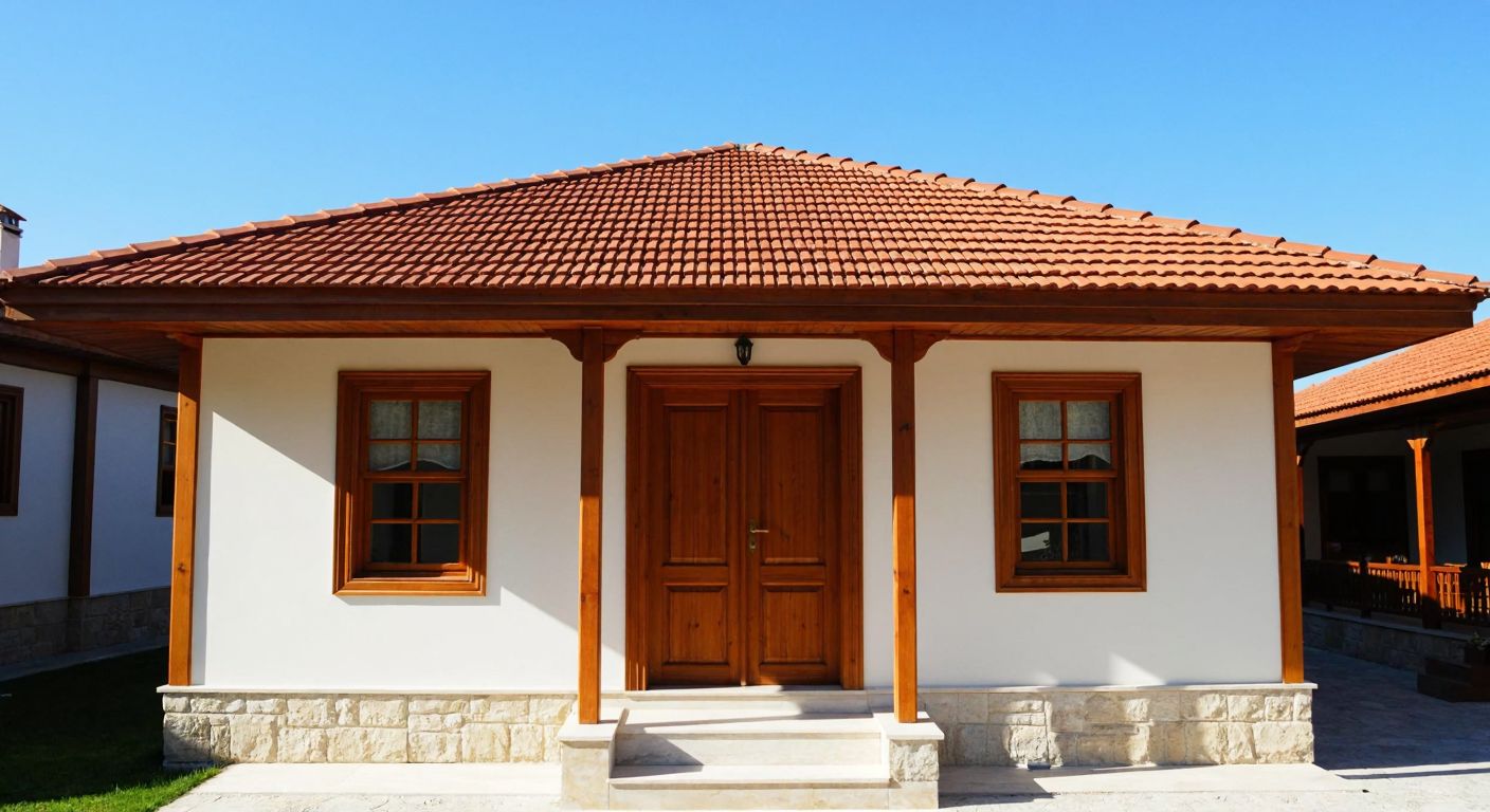 A traditional Turkish house with a red-tiled roof and a wooden front door at ground level, while the roof remains solid and doorless, under a clear blue sky.