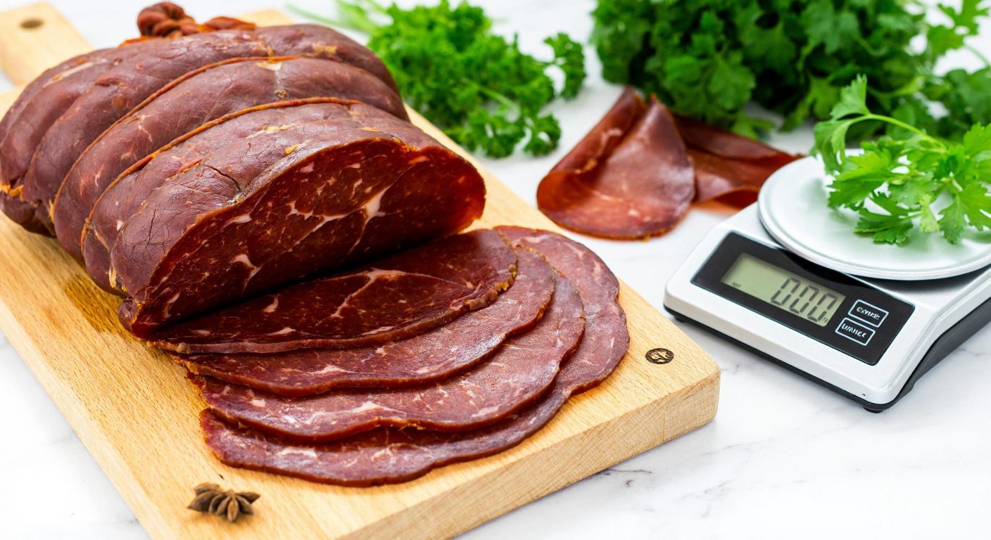 A close-up of thinly sliced, richly spiced pastırma arranged on a wooden cutting board, with a small digital kitchen scale and fresh herbs like parsley nearby, evoking a traditional Turkish butcher shop.