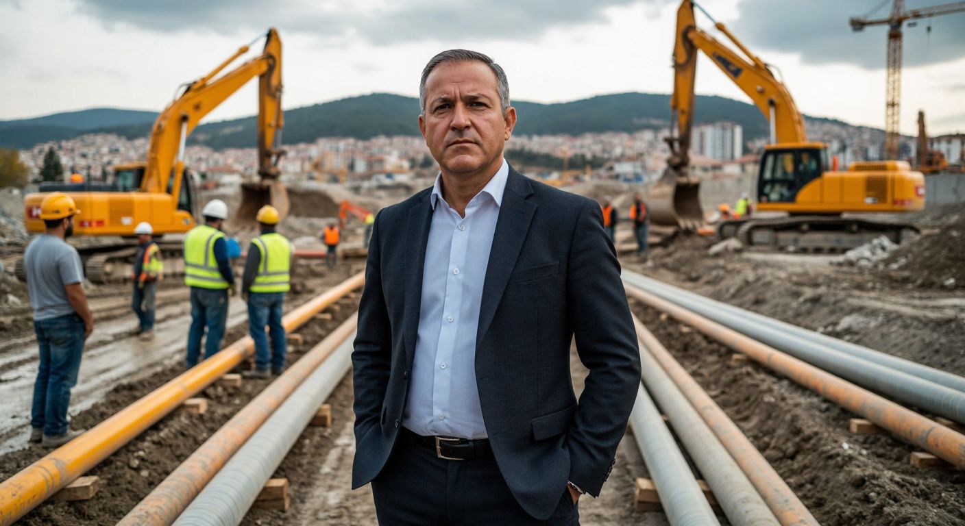 A determined middle-aged man in a suit stands confidently in front of a bustling construction site in Manisa, with workers laying pipes and heavy machinery in the background, symbolizing infrastructure development and resilience against threats.