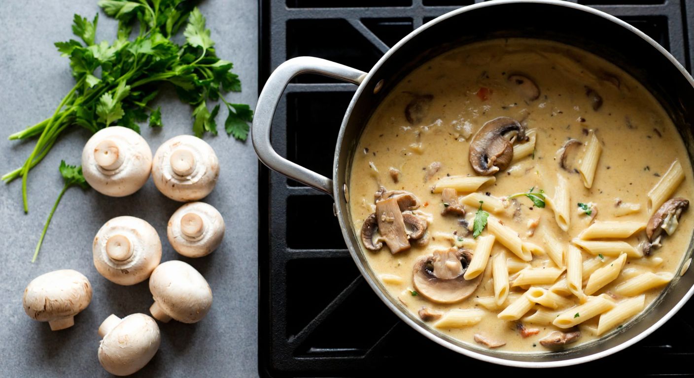 A steaming pot of creamy mushroom pasta sauce simmering on a stovetop, with fresh mushrooms and herbs scattered nearby, evoking warmth and a home-cooked Turkish meal.