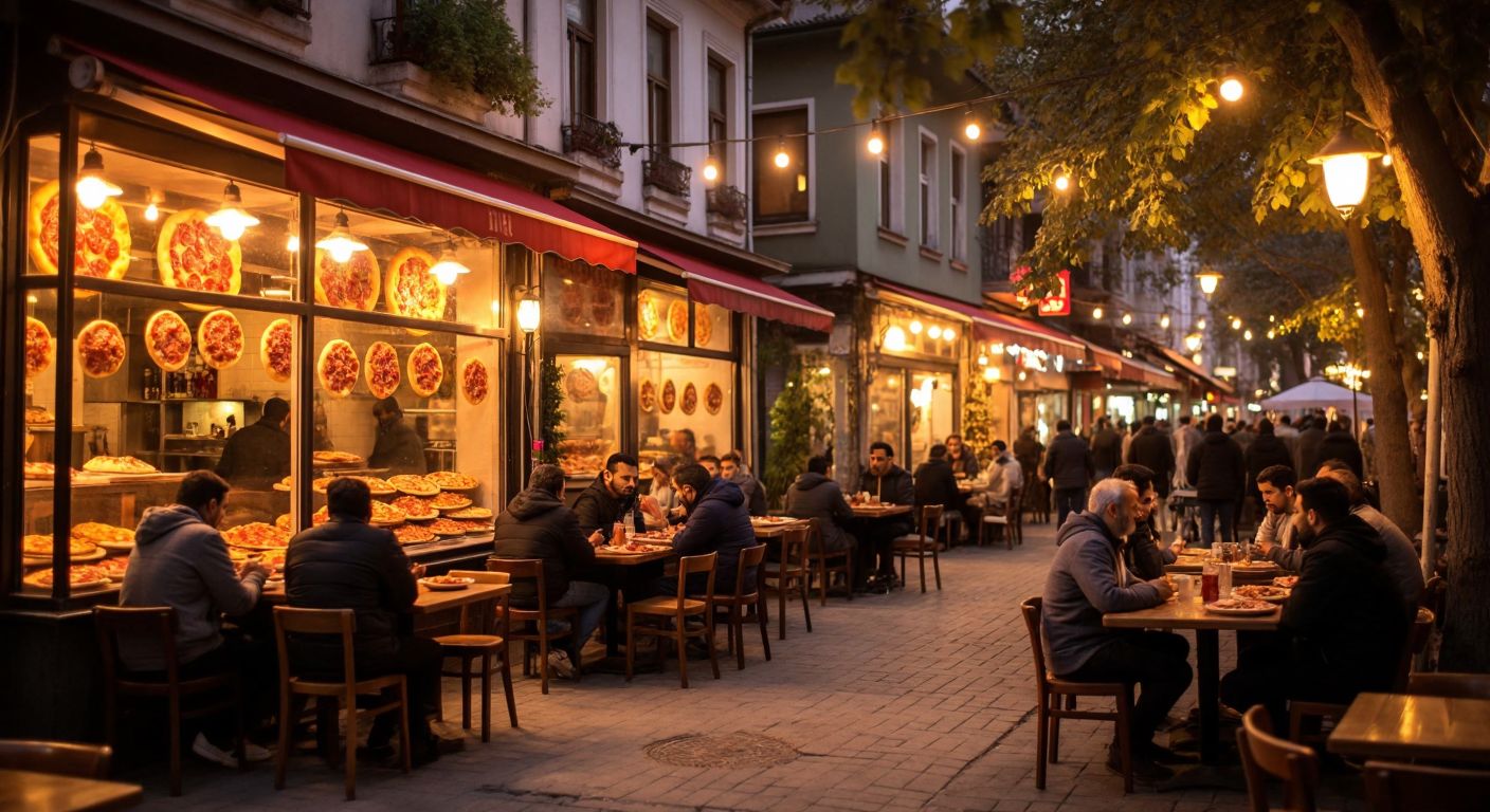 A bustling street in Fenerbahçe, Istanbul, with vibrant pizzerias displaying steaming pizzas in their windows, locals chatting outside under warm yellow lights, and the aroma of melted cheese and fresh dough filling the air.