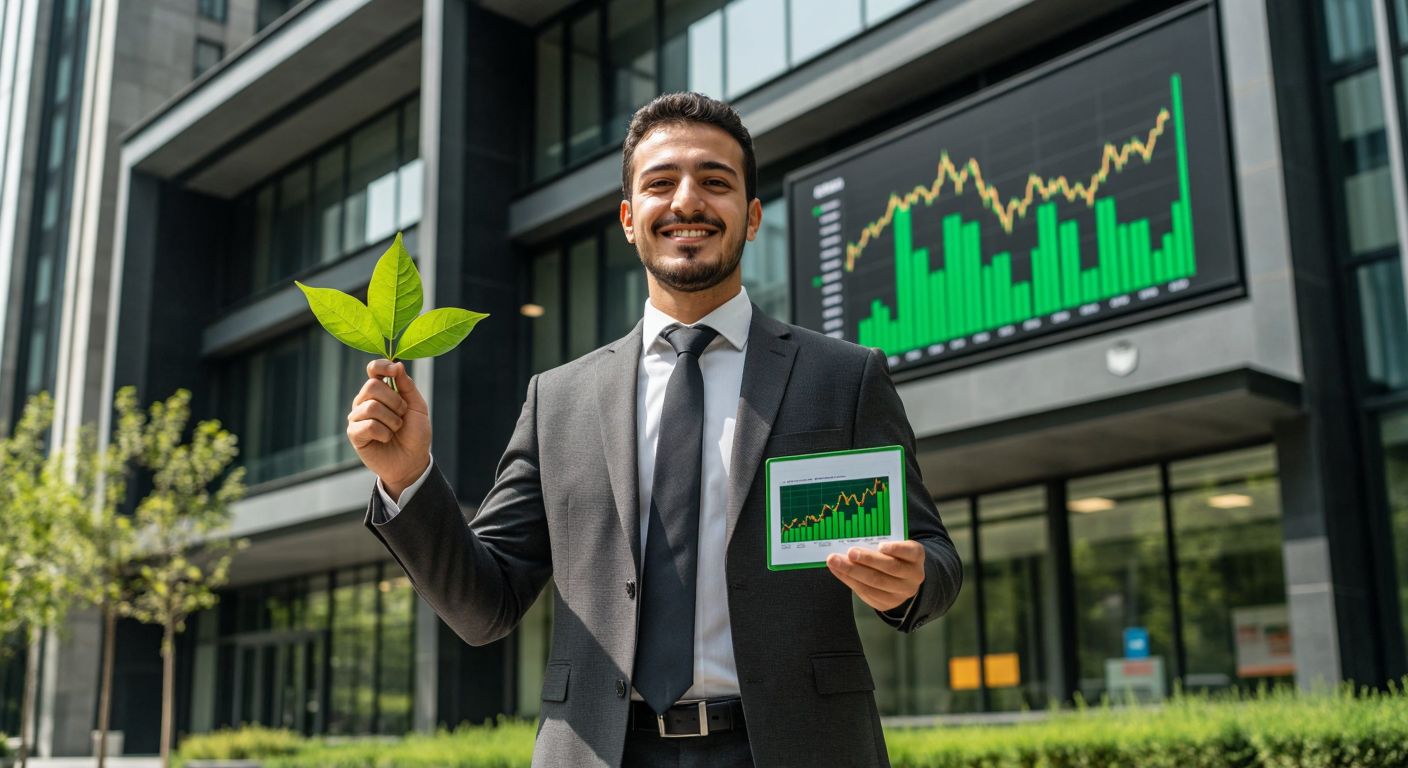 A confident Turkish businessman in a sleek suit stands in front of the Borsa Istanbul building, holding a green energy leaf in one hand and a stock chart in the other, with a warm, assured smile.
