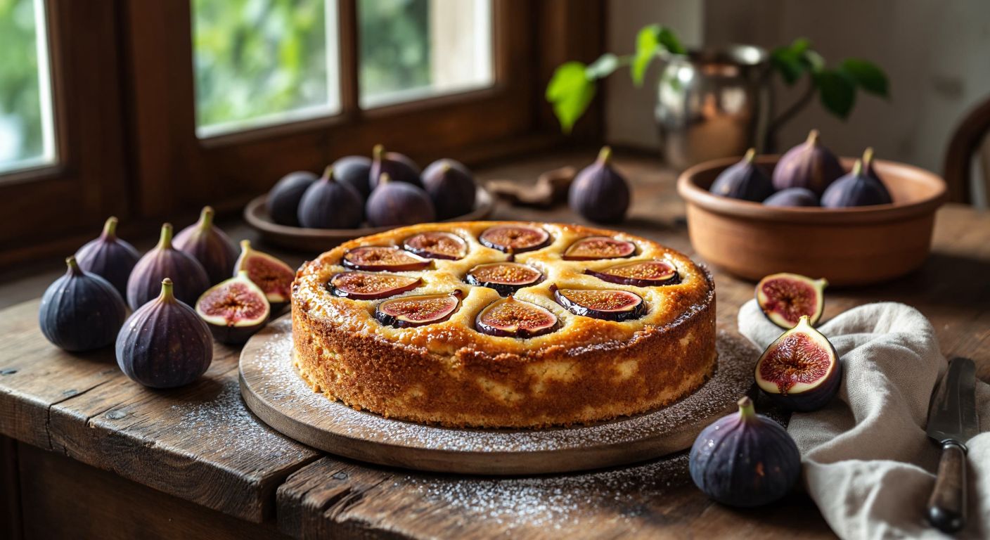 A golden-brown fig and custard cake sits on a rustic wooden table in a sunlit Turkish kitchen, with fresh figs and a dusting of powdered sugar nearby.