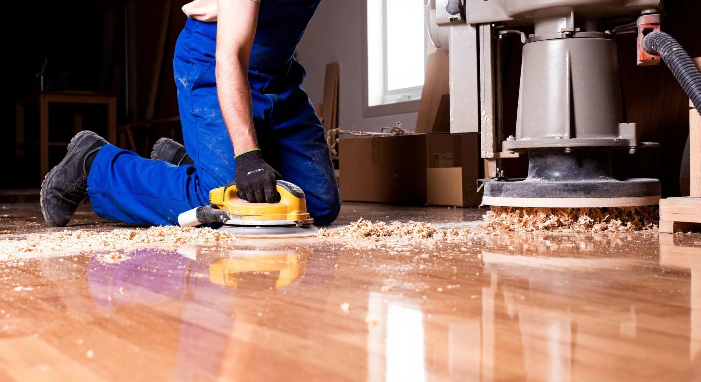A worker in a blue uniform carefully sanding a glossy wooden floor with a large machine, surrounded by wood shavings and a freshly polished section gleaming under warm light.