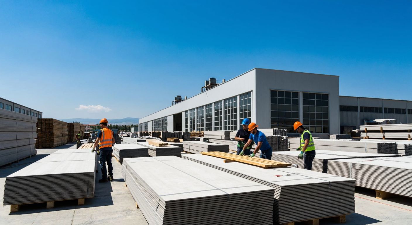 A modern industrial factory in Izmir with workers in hard hats assembling construction materials, surrounded by stacks of finished products under a bright blue sky.