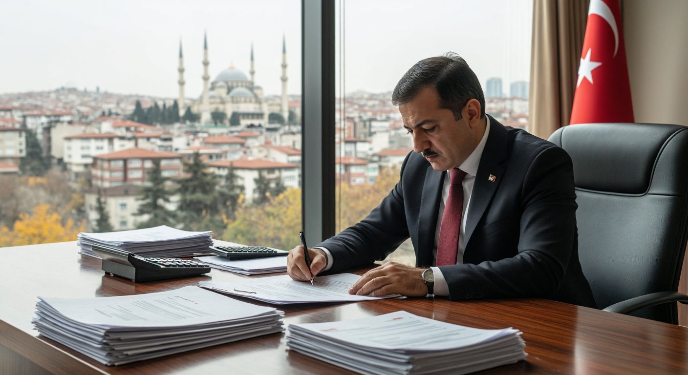 A Turkish government official in a formal suit reviews documents at a wooden desk in an Ankara municipal office, with a calculator and a stack of procurement files nearby, while a cityscape of Istanbul is faintly visible through the window.