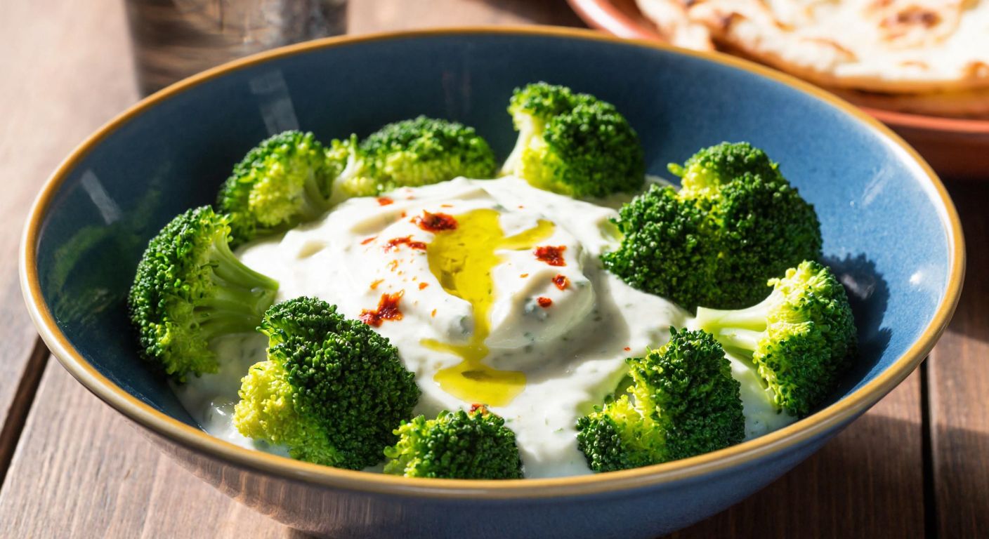 A vibrant bowl of creamy yogurt mixed with fresh green broccoli florets, garnished with a drizzle of olive oil and a sprinkle of red pepper flakes, placed on a rustic wooden table in a sunlit Turkish kitchen.
