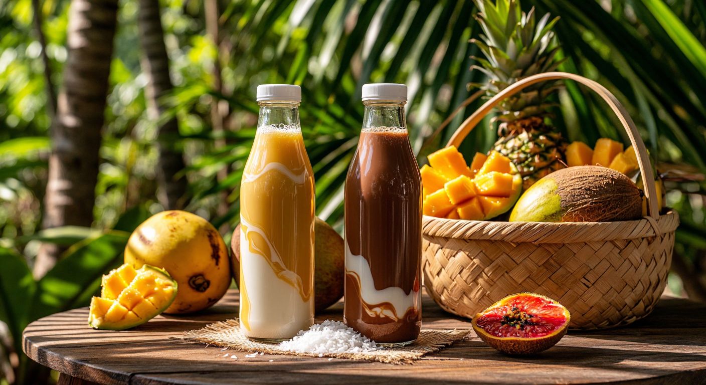A vibrant display of two chilled **Sek** milk bottles—one with creamy coconut flakes swirling in golden liquid, the other rich chocolate-brown—resting on a sunlit wooden table beside fresh tropical fruit and a woven market basket.