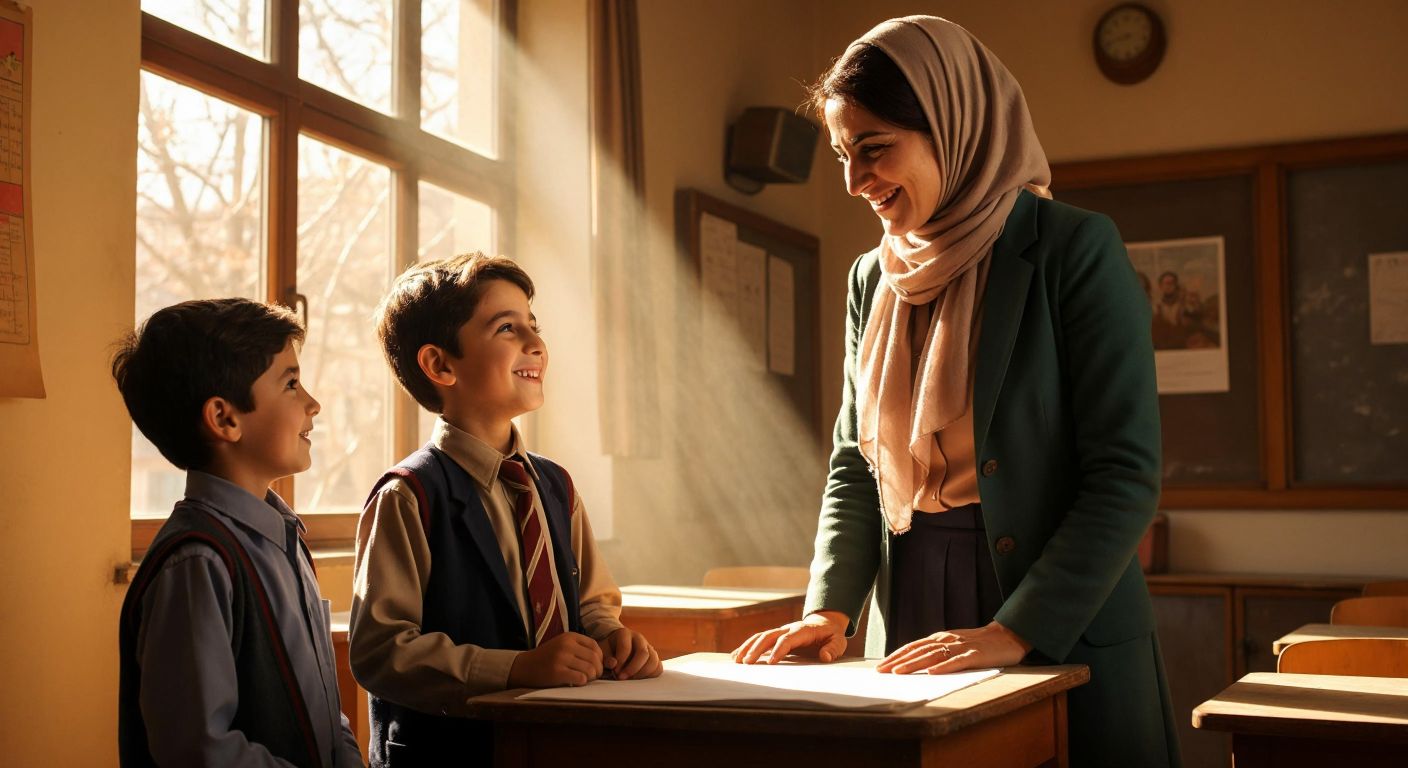 A Turkish mother in a headscarf and a schoolboy in uniform stand side by side, smiling warmly at a teacher behind a wooden desk in a sunlit classroom.