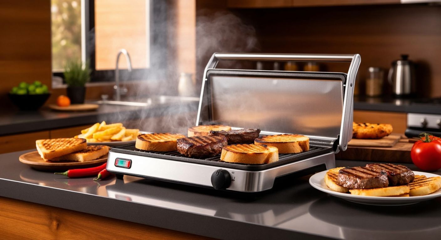 A sleek silver toaster-grill sits on a Turkish kitchen counter, its plates sizzling with golden-brown toast and grill marks on succulent meat, steam rising invitingly.