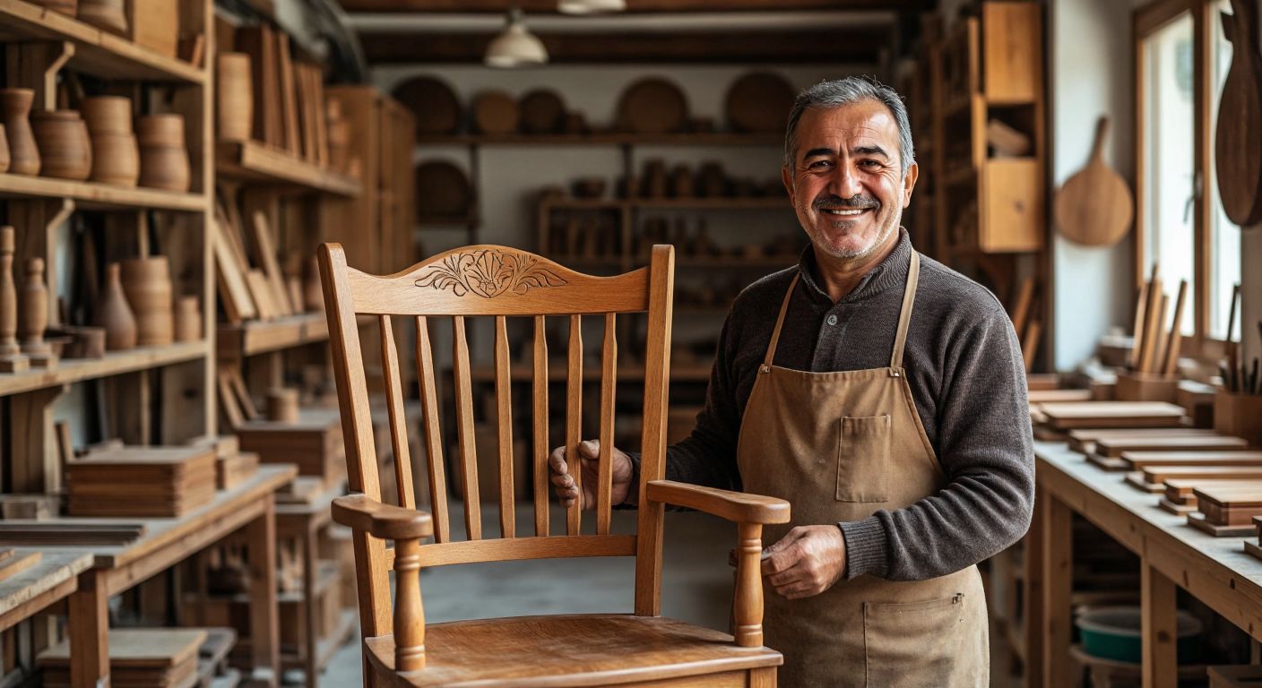 A smiling middle-aged Turkish man in a workshop, proudly holding a beautifully crafted wooden chair, surrounded by shelves of polished wooden furniture and the warm glow of natural light.