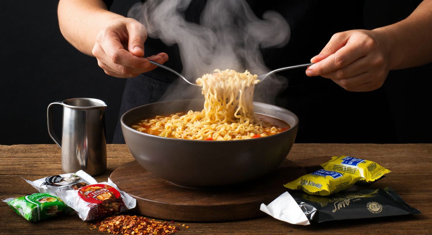A steaming bowl of instant noodles in a Turkish kitchen, with a person hesitantly lifting a spoonful of broth to their lips, surrounded by scattered spice packets and a crumpled noodle wrapper.