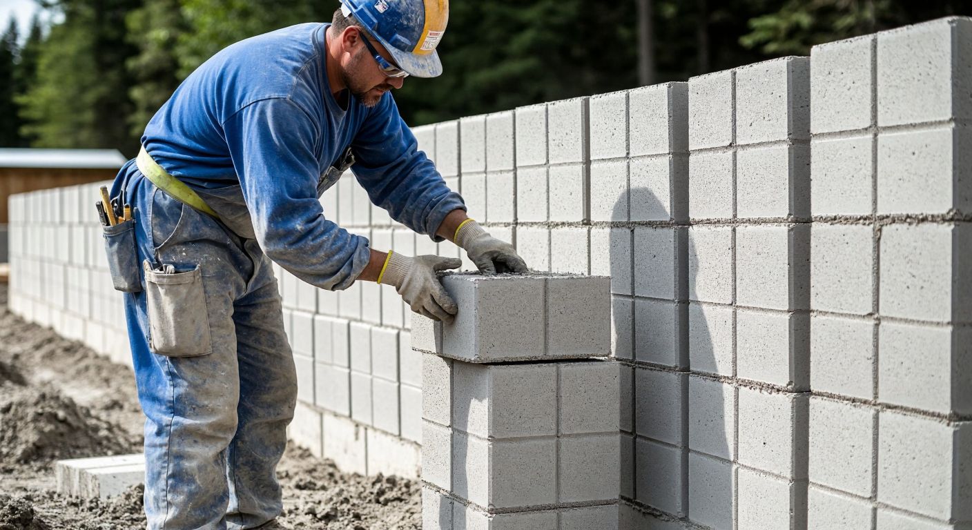 A construction worker in a dusty blue uniform carefully stacks light gray 7x7x14 bims blocks into a straight, rising wall on a leveled foundation, with a taut guideline stretching between corner markers.