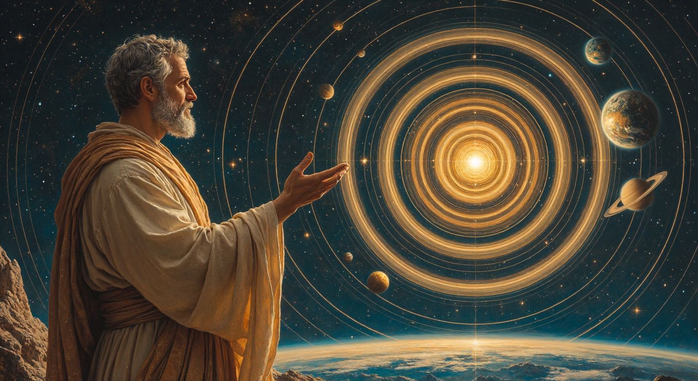A serene ancient scholar in a draped robe stands beneath a starry night sky, gesturing toward Earth at the center of concentric celestial rings, with planets and the sun orbiting in perfect circles around it.