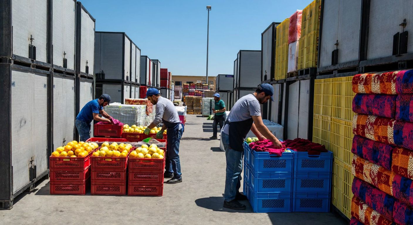 A bustling Turkish industrial complex with workers handling colorful textiles, stacks of plastic containers, and crates of fresh fruits under a bright sun.