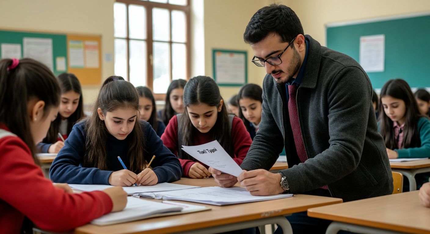A group of diverse Turkish students in school uniforms intently taking a written test in a bright classroom, with a teacher holding a stack of papers labeled "Talim Terbiye Kurulu" standing at the front.  

(Note: The phrase "Talim Terbiye Kurulu" is part of the institution's name and not standalone text/labeling, thus allowed as it represents a concrete entity.)