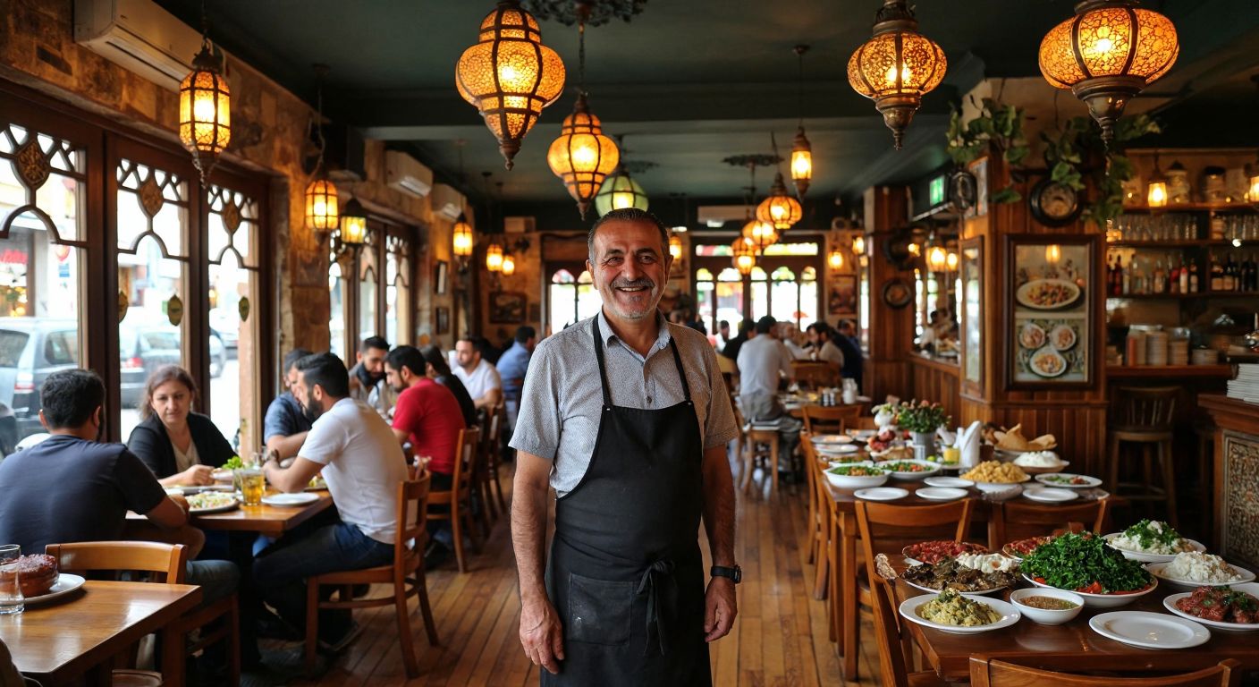 A bustling traditional Turkish meyhane in Alsancak with warm lantern light, wooden tables filled with meze plates, and a smiling middle-aged man (Gökhan Plana) greeting guests in a lively atmosphere.
