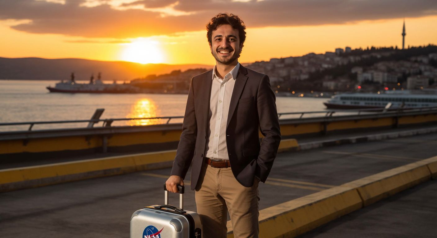 A smiling Turkish astrophysicist in a casual suit stands proudly at an airport in Turkey, holding a suitcase with a NASA sticker, while a warm sunset over the Bosphorus glows behind him.