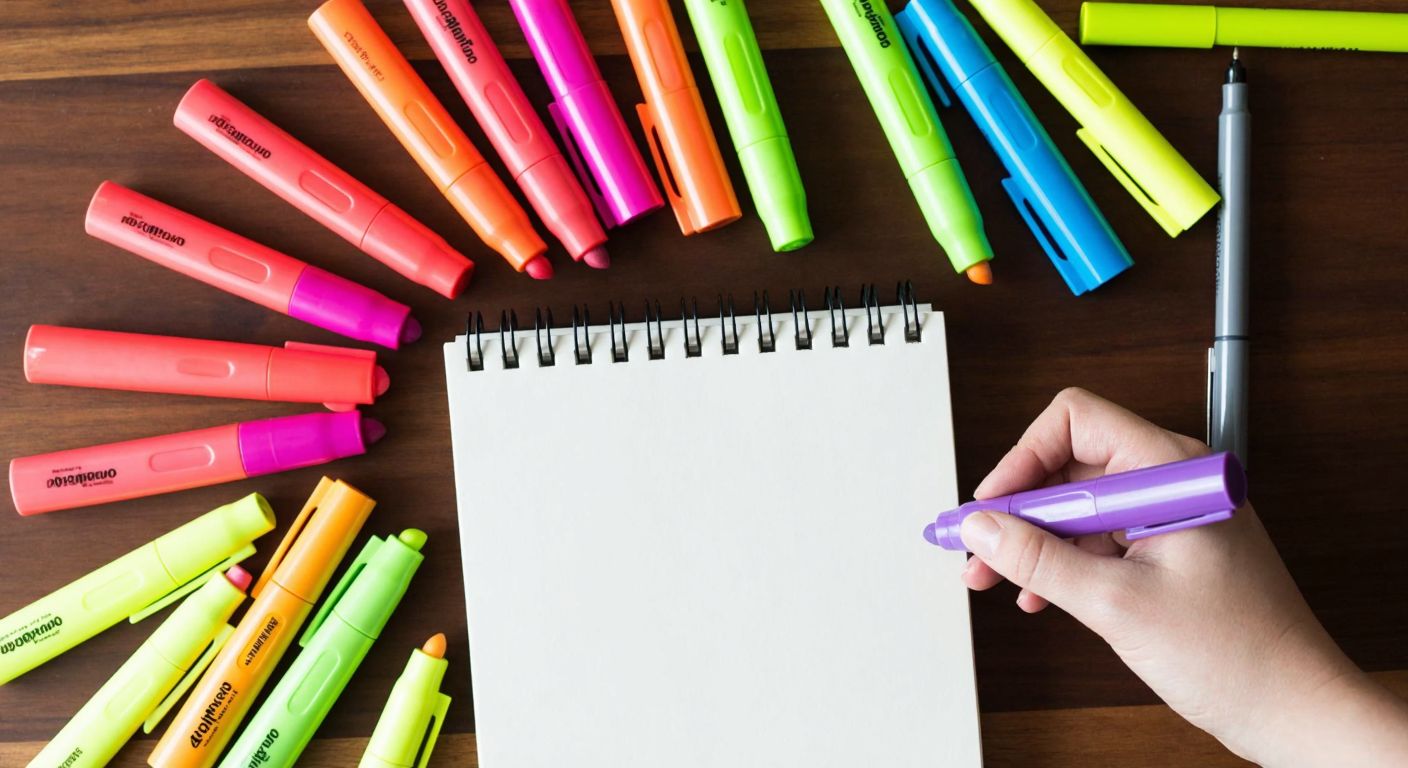 A vibrant array of Picador highlighters in bold colors neatly arranged on a wooden desk, with a hand holding one to mark a crisp white notebook page, conveying quality and vividness.