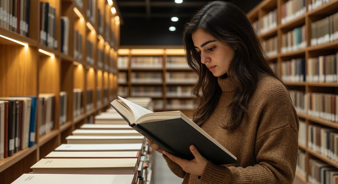 A Turkish scholar in a modern university library, intently browsing through neatly stacked academic journals with a focused expression, surrounded by shelves filled with bound volumes under warm lighting.