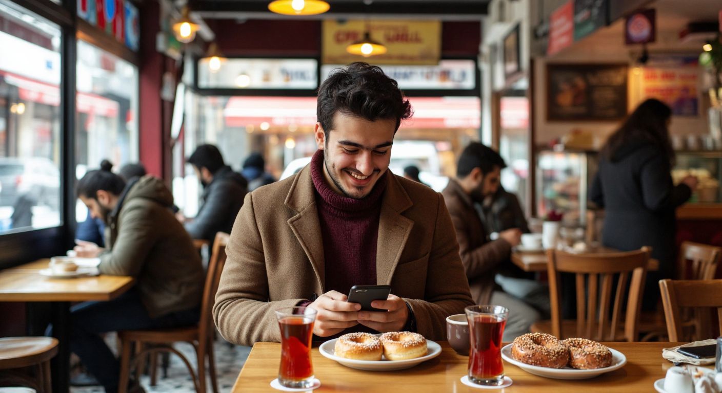 A young professional in a bustling Turkish café smiles while scrolling through job listings on their phone, surrounded by steaming cups of çay and plates of simit.