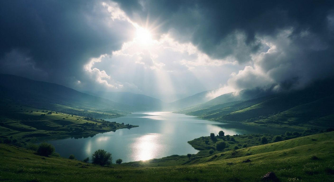 A serene Turkish landscape with a sunlit lake evaporating into mist, fluffy white clouds forming above, and gentle rain falling over green hills.