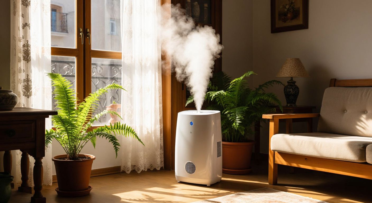 A modern white air dehumidifier humming softly in a cozy Turkish living room with wooden furniture, a potted fern nearby, and sunlight streaming through lace curtains.