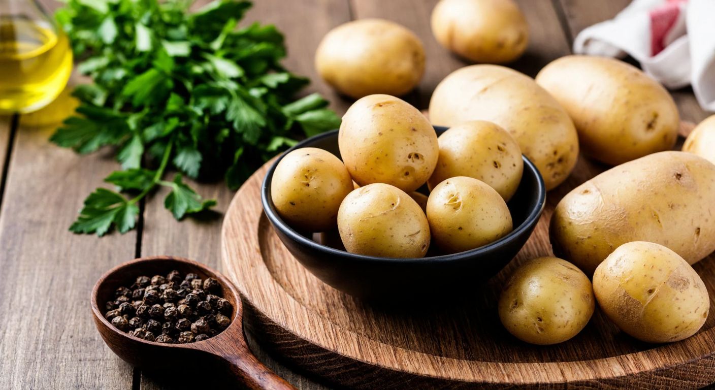 A rustic wooden table in a Turkish kitchen holds a bowl of small, golden baby potatoes next to larger potatoes, with fresh herbs and olive oil nearby, evoking warmth and simplicity.