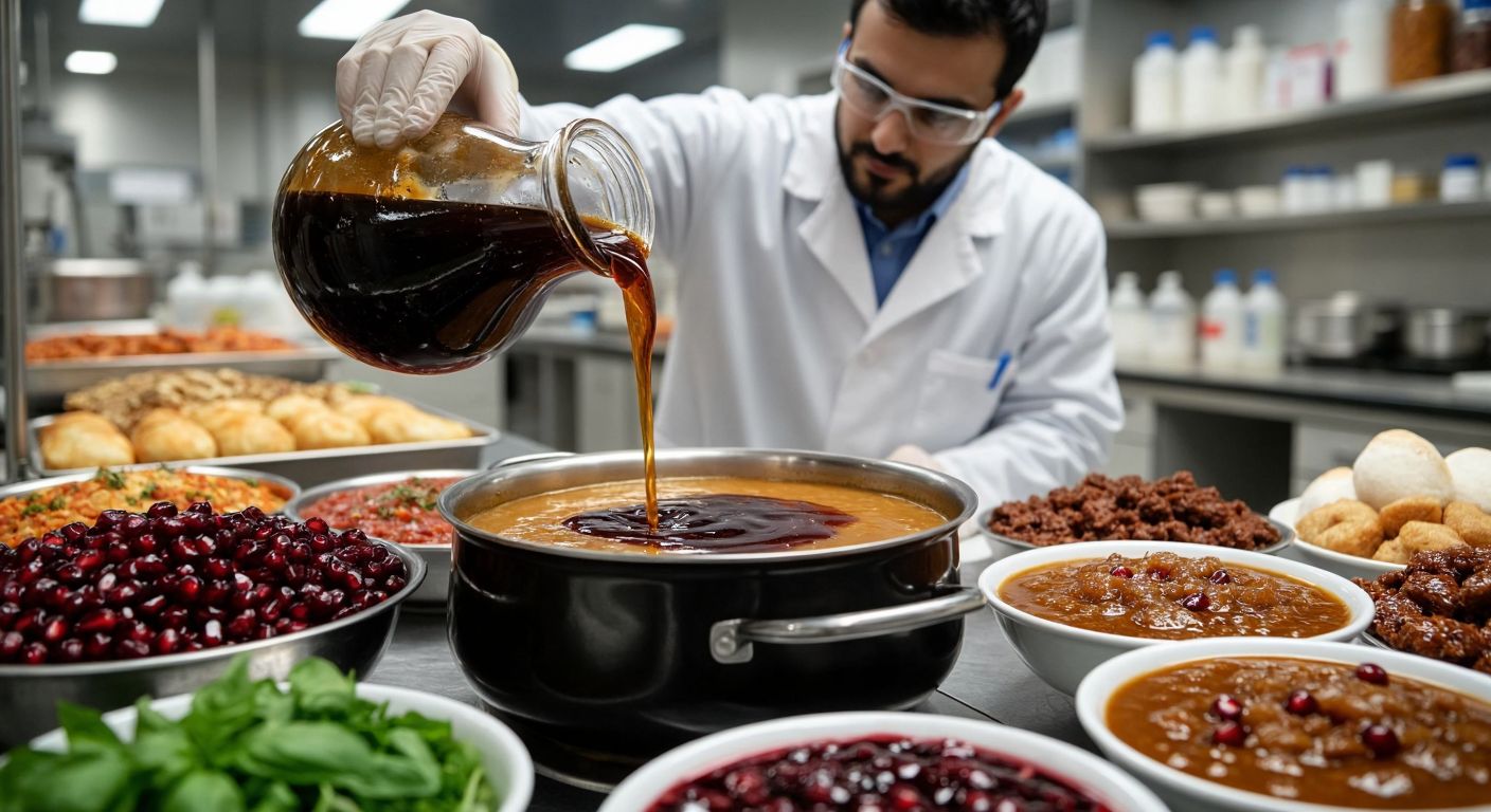 A bubbling pot of dark caramel syrup being poured over a spread of Turkish foods like hazır çorba, nar ekşili sauce, and şekerleme, with a scientist in a lab coat observing the process.