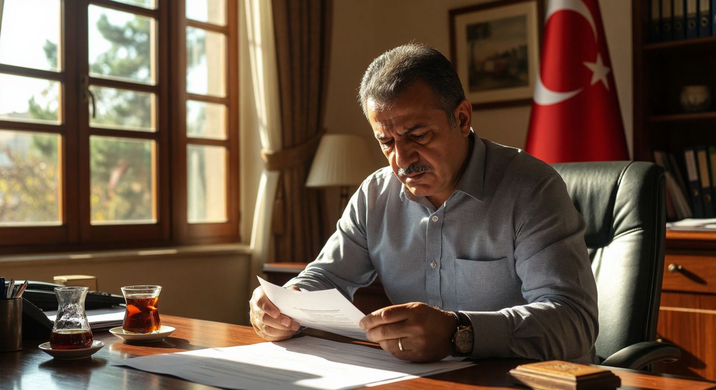 A determined middle-aged university employee in Ankara, wearing a formal shirt, sits at a wooden desk in a sunlit office with a Turkish flag in the background, carefully reviewing a printed document while holding a steaming cup of Turkish tea.