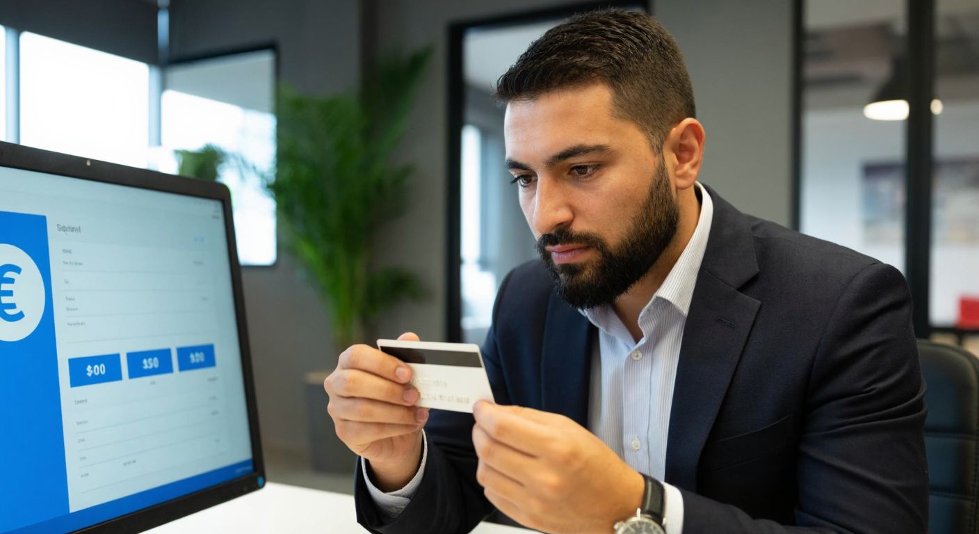 A focused Turkish businessman in a modern office setting, holding a credit card while thoughtfully examining a computer screen displaying a pricing table with Euro symbols.