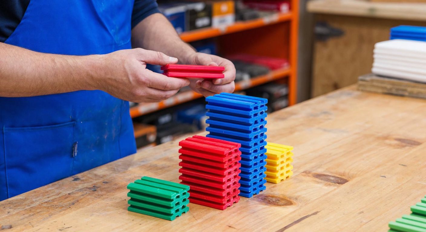 A neatly stacked pile of colorful plastic spacers (takoz) on a wooden workbench in a Turkish hardware store, with a worker in a blue apron counting them by hand.