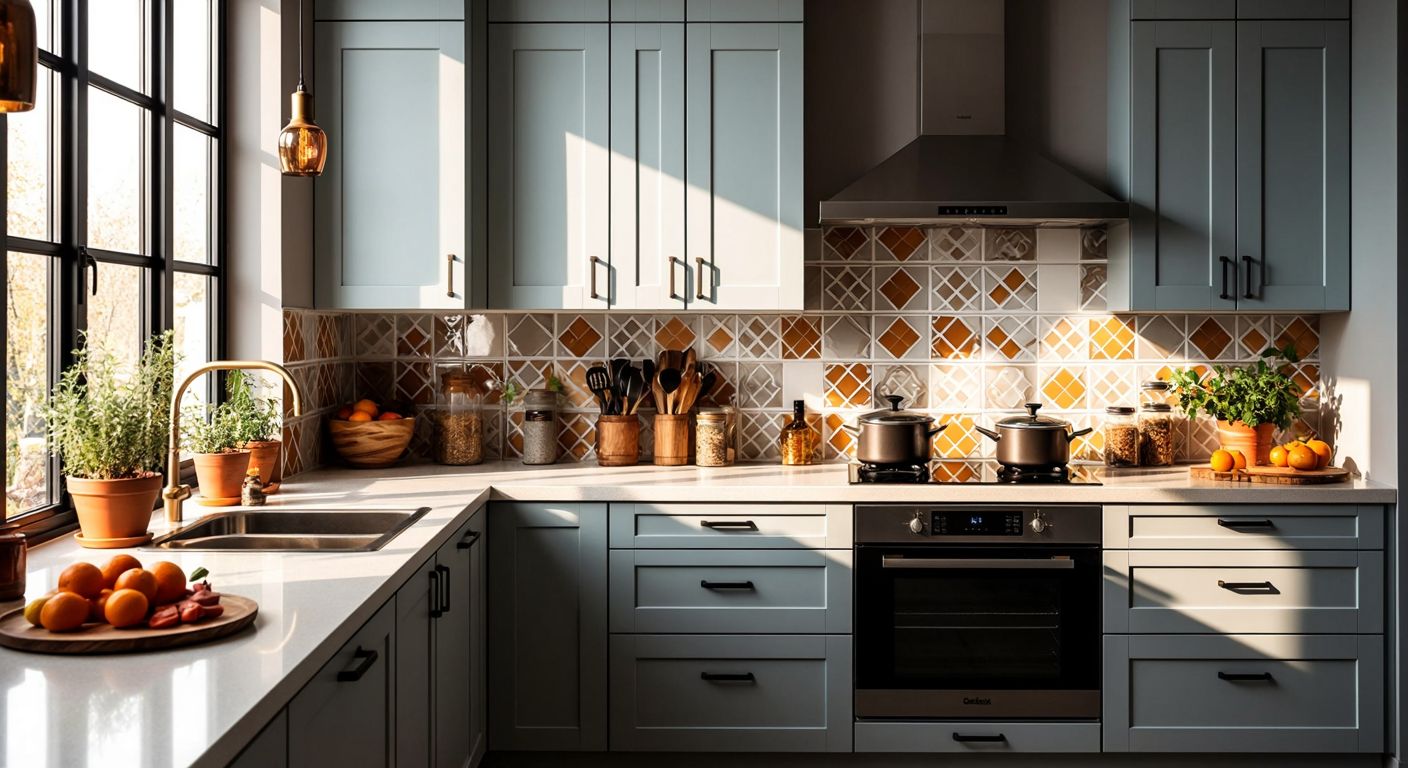 A bright Turkish kitchen with glossy self-adhesive tiles neatly applied to the backsplash and cabinet interiors, reflecting warm sunlight from a nearby window.