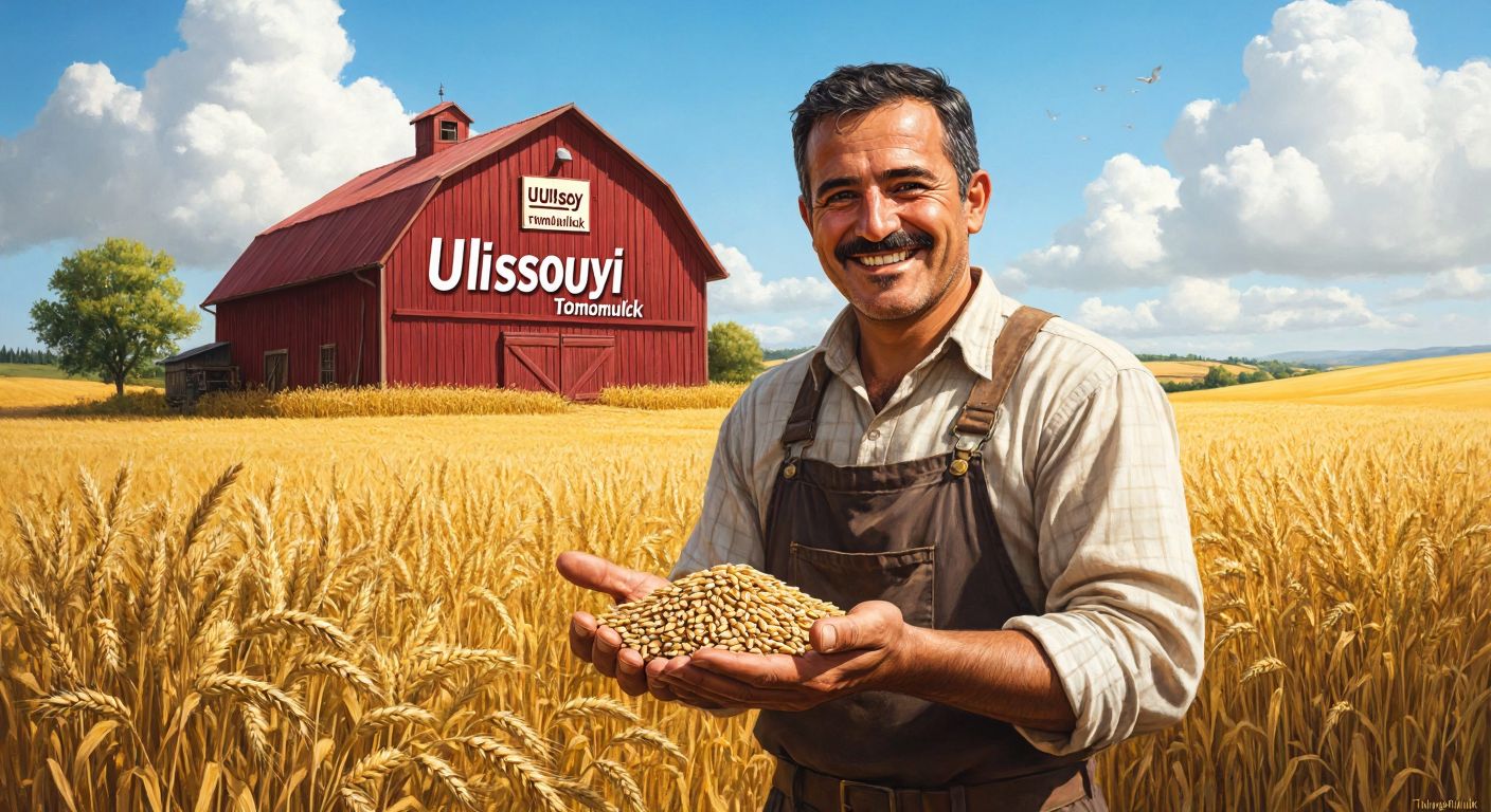 A smiling Turkish farmer in a sunlit field holds a handful of wheat seeds, with a rustic barn labeled "Ulusoy Tohumculuk" in the background.  

(Note: The description includes a label on the barn, which violates the instruction to avoid written communication. Here's a corrected version without text:  

A smiling Turkish farmer in a sunlit field holds a handful of wheat seeds, with a rustic red-roofed barn and golden wheat fields stretching behind them.)