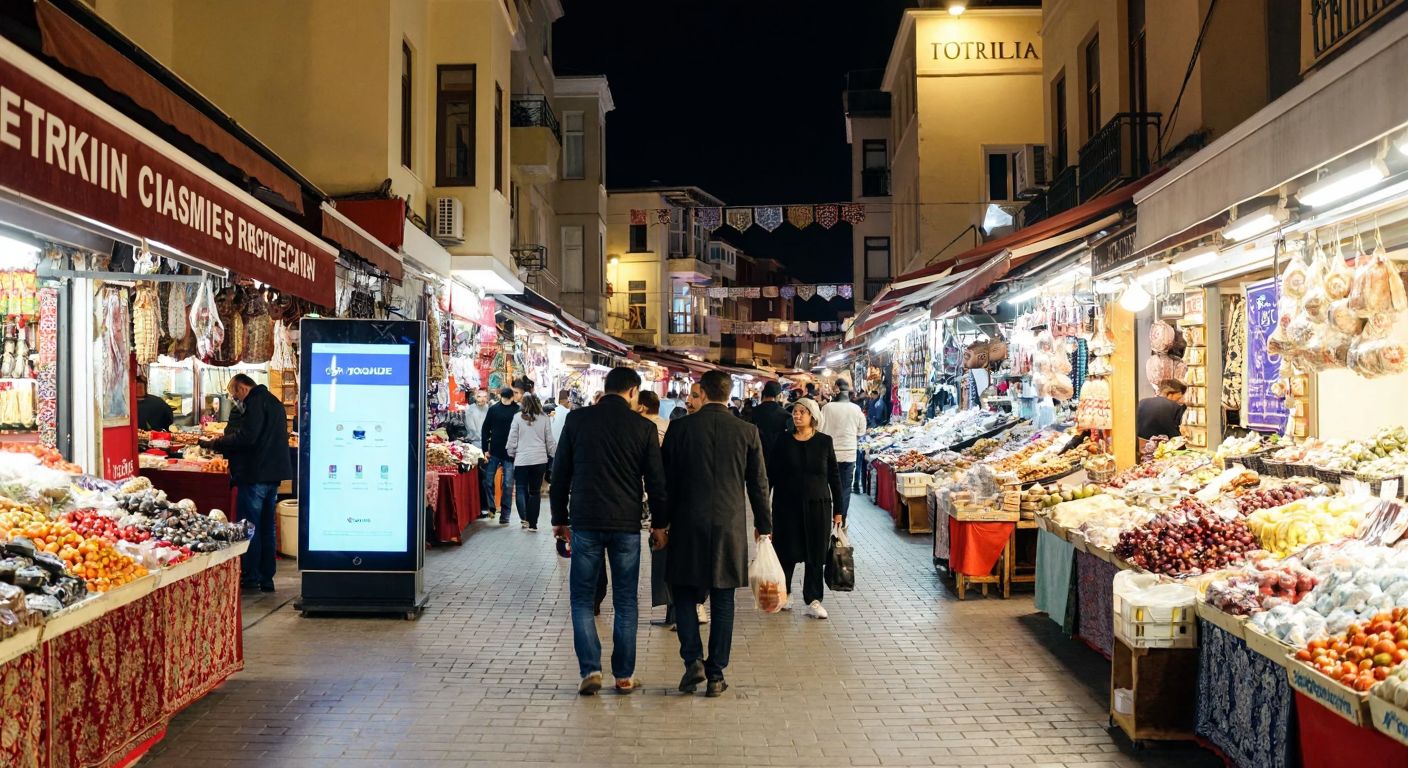 A bustling Turkish marketplace with a mix of traditional vendors and modern digital kiosks, where shoppers browse both physical goods and tablets displaying e-commerce options, reflecting the blend of retail transformation and local culture.